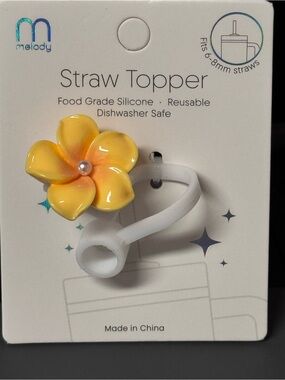 NWT Melody Plumeria Flower Silicone Straw Topper 6-8mm Yellow
